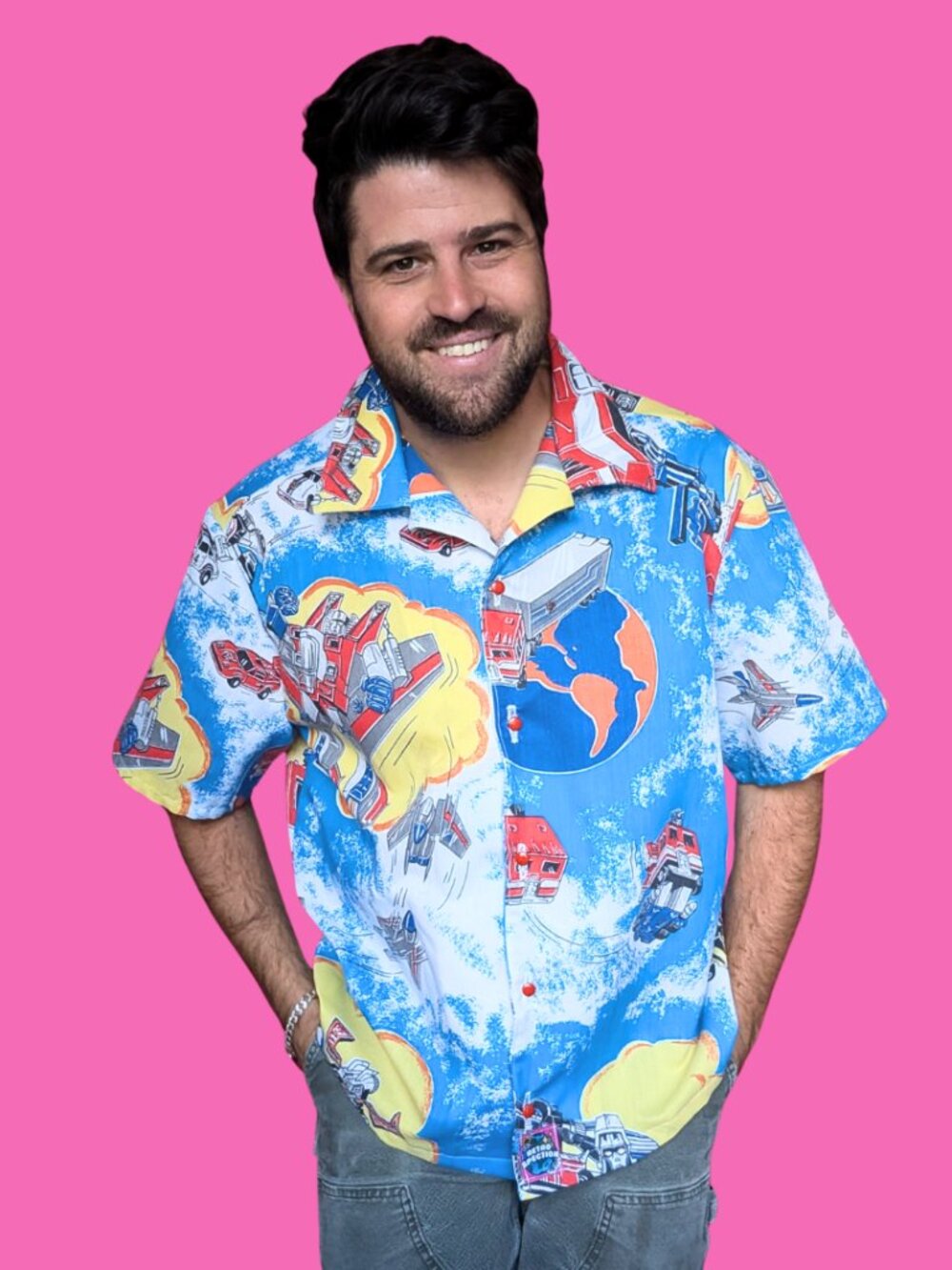 Handmade, Upcycled Transformers Bedsheet Button Down Shirt Size L